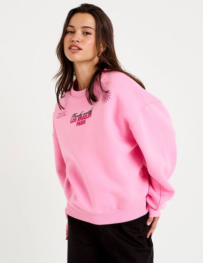 Sweat col rond manches longues rose femme