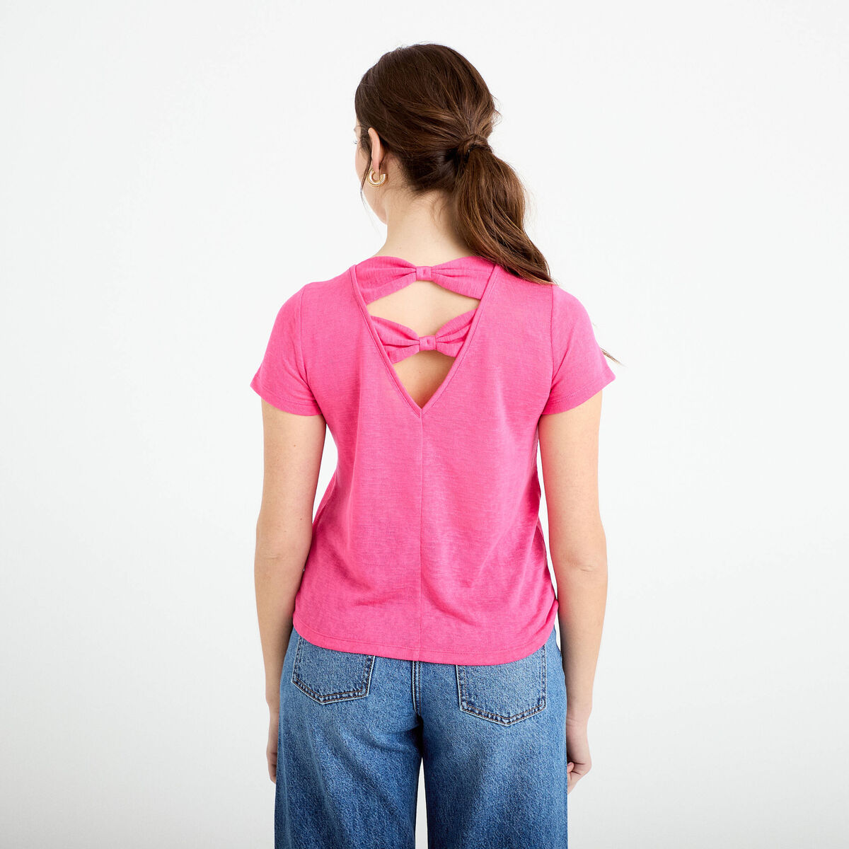 T-shirt noeuds dos rose fushia femme