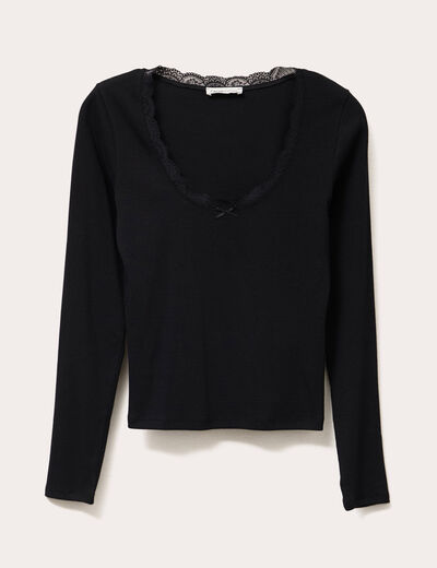 T-shirt manches longues côtelé noir femme