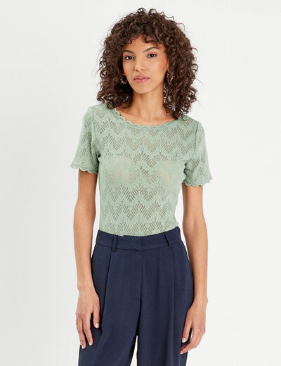 Body manches courtes dentelle vert olive femme