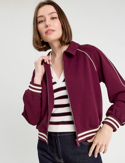 Sweat zippé manches longues prune femme