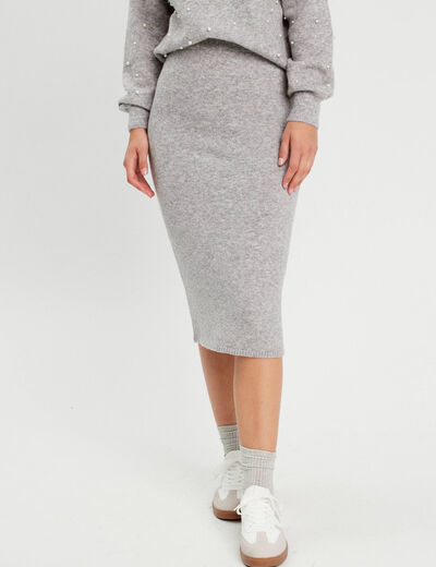 Jupe tricot midi droite gris clair femme