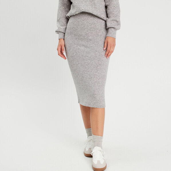 Jupe tricot midi droite gris clair femme