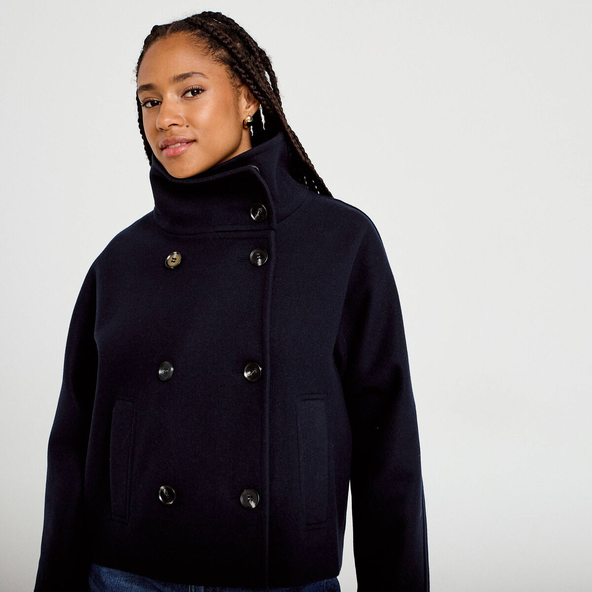 Veste chin&eacute;e col montant manches longues bleu marine femme