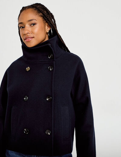 Veste chin&eacute;e col montant manches longues bleu marine femme