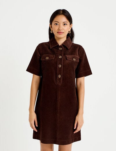 Robe courte droite en velours coton marron fonc&eacute; femme