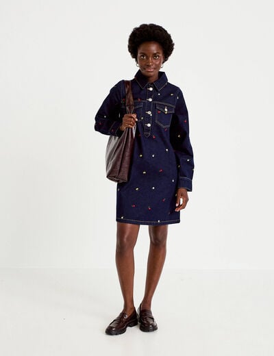 Robe courte droite en jean brod&eacute;e bleu marine femme