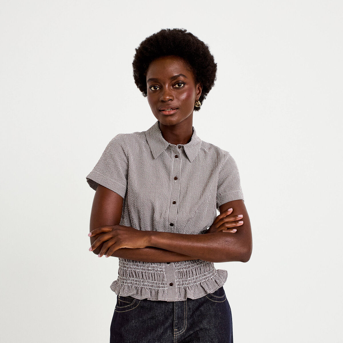 Chemise cintr&eacute;e manches courtes marron femme