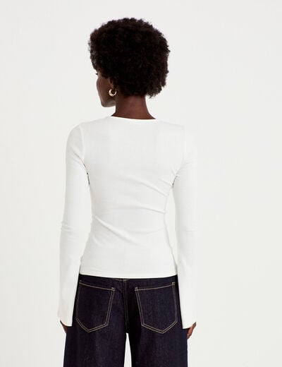 T-shirt ajust&eacute; col rond manches longues ecru femme