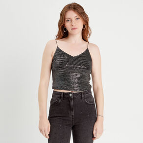 Débardeur cropped paillettes couleur argent femme