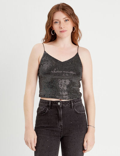 Débardeur cropped paillettes couleur argent femme