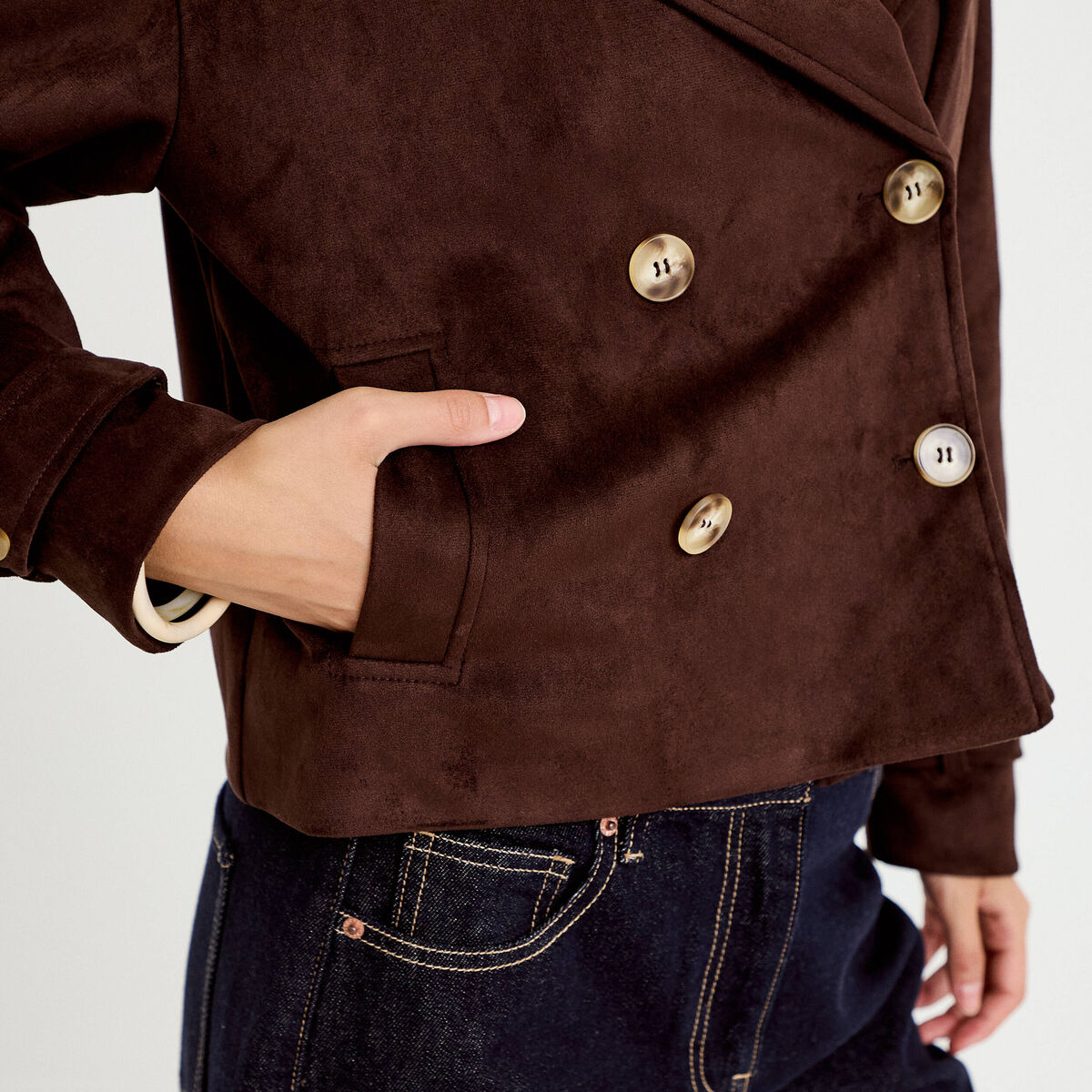 Trench droit manches longues aspect daim marron chocolat femme