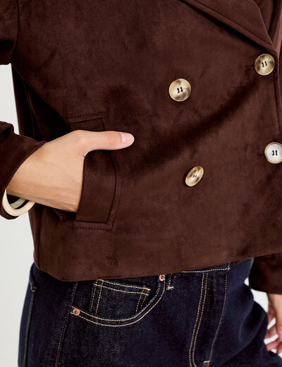 Trench droit manches longues aspect daim marron chocolat femme