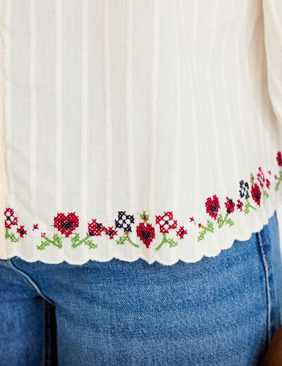 Blouse broderie col v manches 3/4 ecru femme