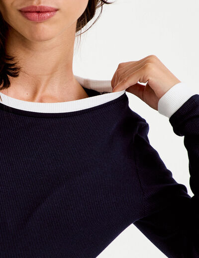T-shirt 2-en-1 col rond manches longues bleu marine femme
