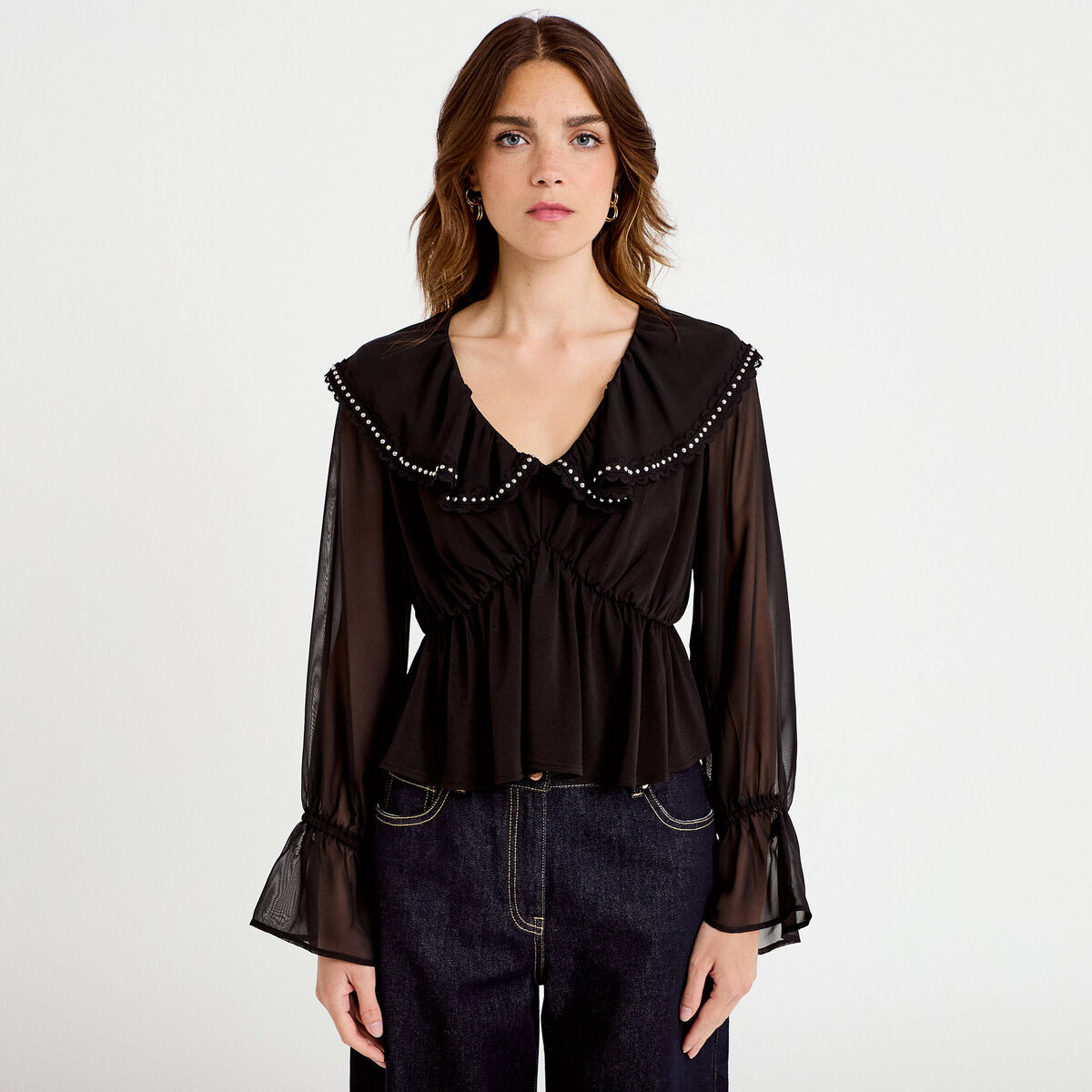 Blouse col claudine bas resserr&eacute; noir femme