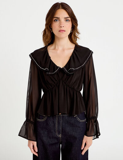 Blouse col claudine bas resserr&eacute; noir femme