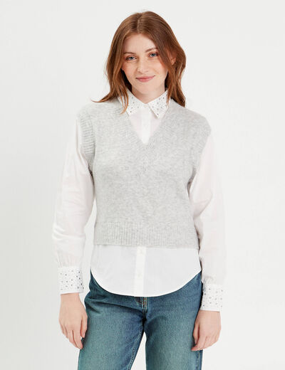 Pull manches longues 2-en-1 gris clair femme
