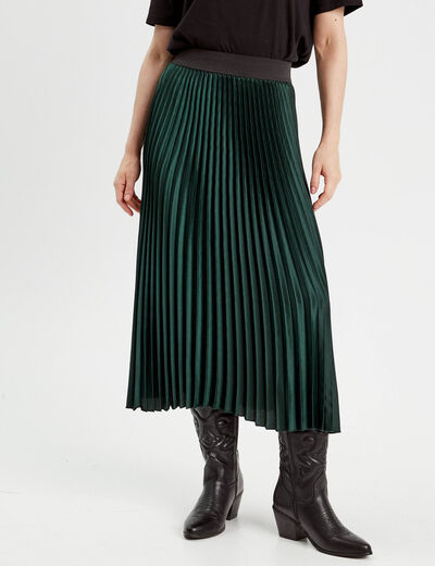Jupe longue patineuse plissée vert foncé femme