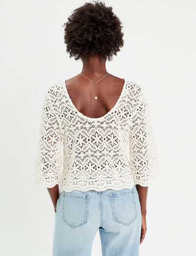 T-shirt manches 3/4 macramé ecru femme