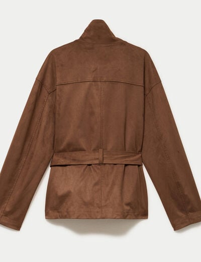 Caban droit col montant aspect daim marron femme