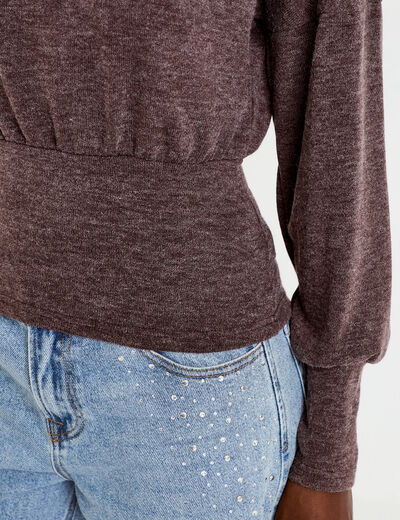 Pull col bateau manches longues marron fonc&eacute; femme
