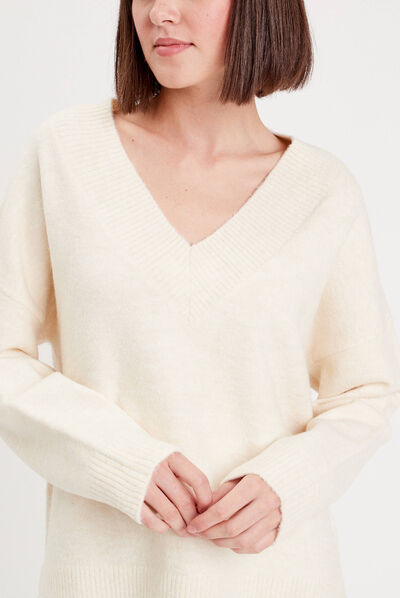 Pull manches longues col en V ivoire femme