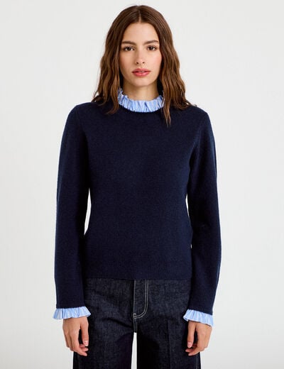 Pull col chemise manches longues bleu marine femme