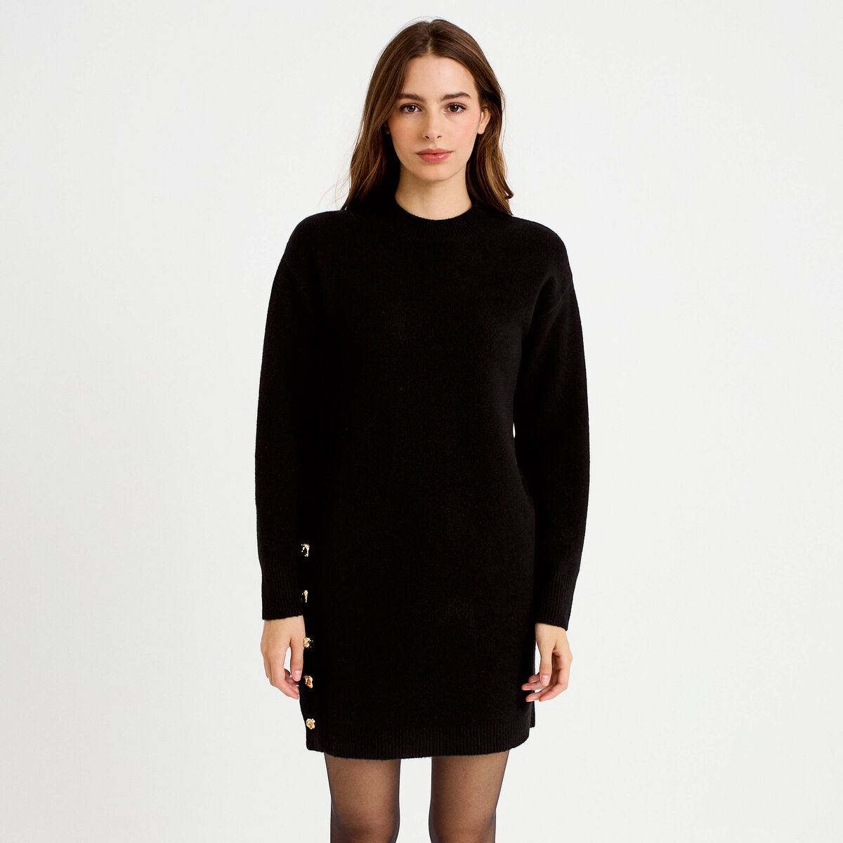 Robe pull droite manches longues noir femme
