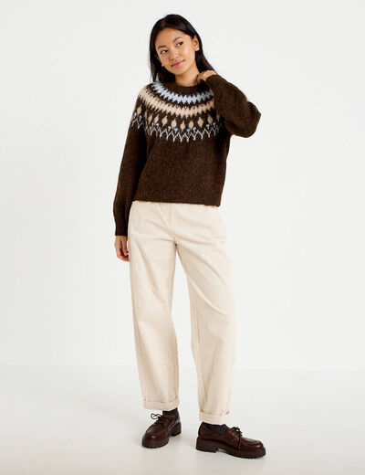 Pull col rond manches longues marron fonc&eacute; femme