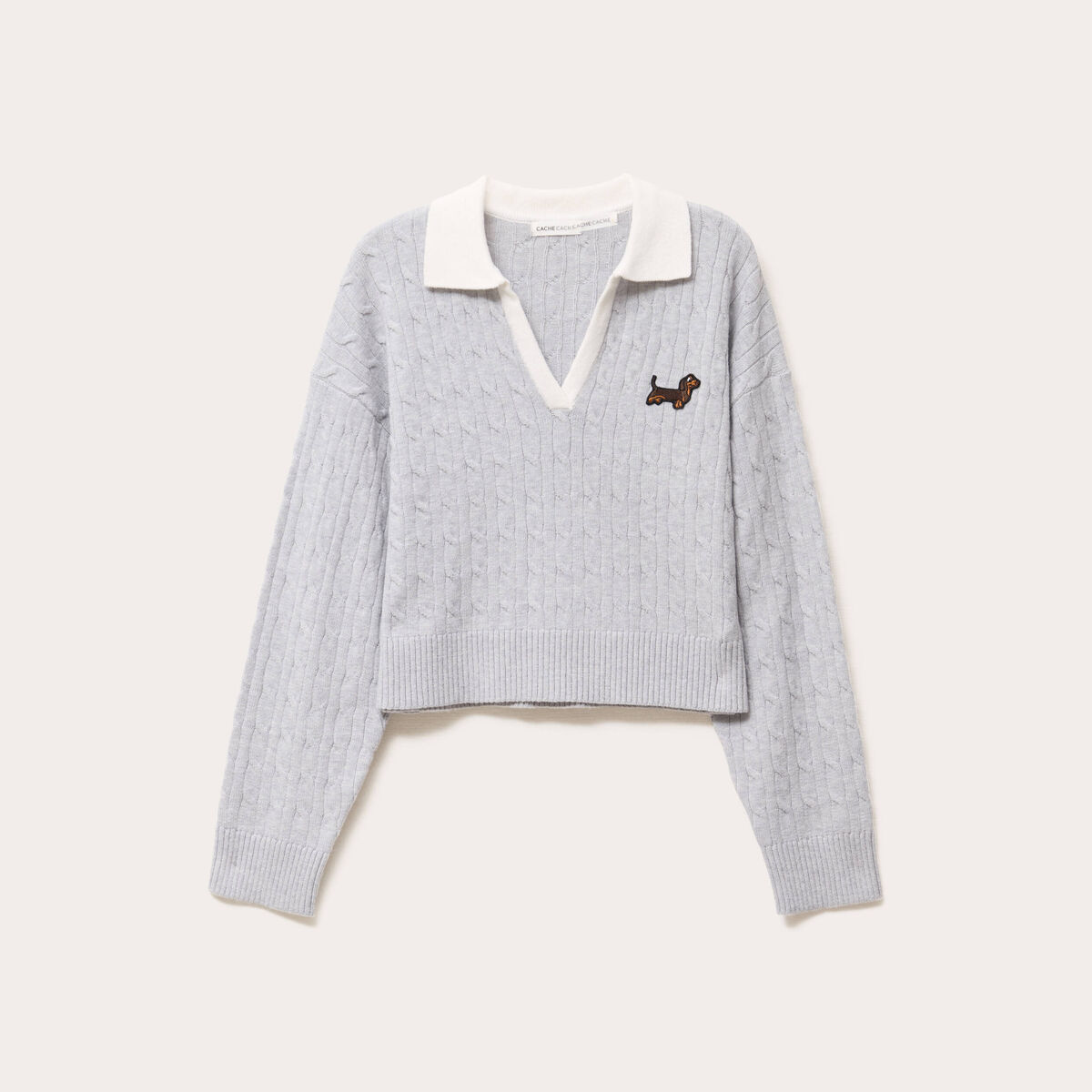 Pull manches longues col polo gris clair femme