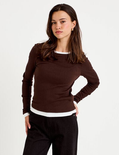 T-shirt 2-en-1 col rond manches longues marron fonc&eacute; femme