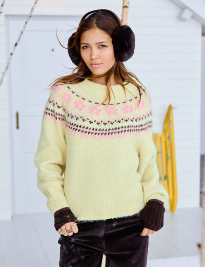 Pull col rond manches longues jaune clair femme