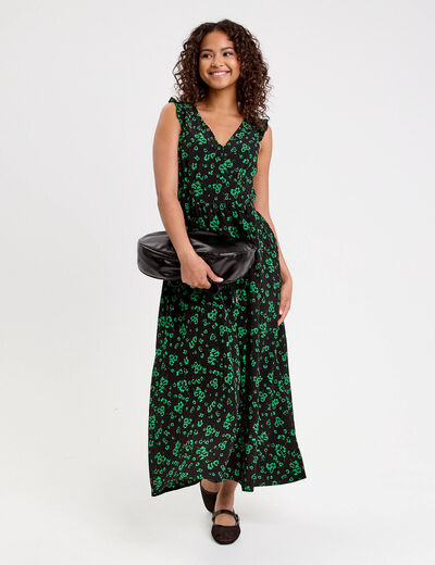 Robe longue évasée col v sans manches vert fluo femme