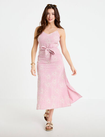 Robe droite 3/4 col v fines bretelles rose clair femme