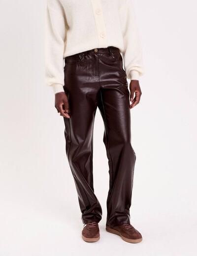 Pantalon droit similicuir marron fonc&eacute; femme
