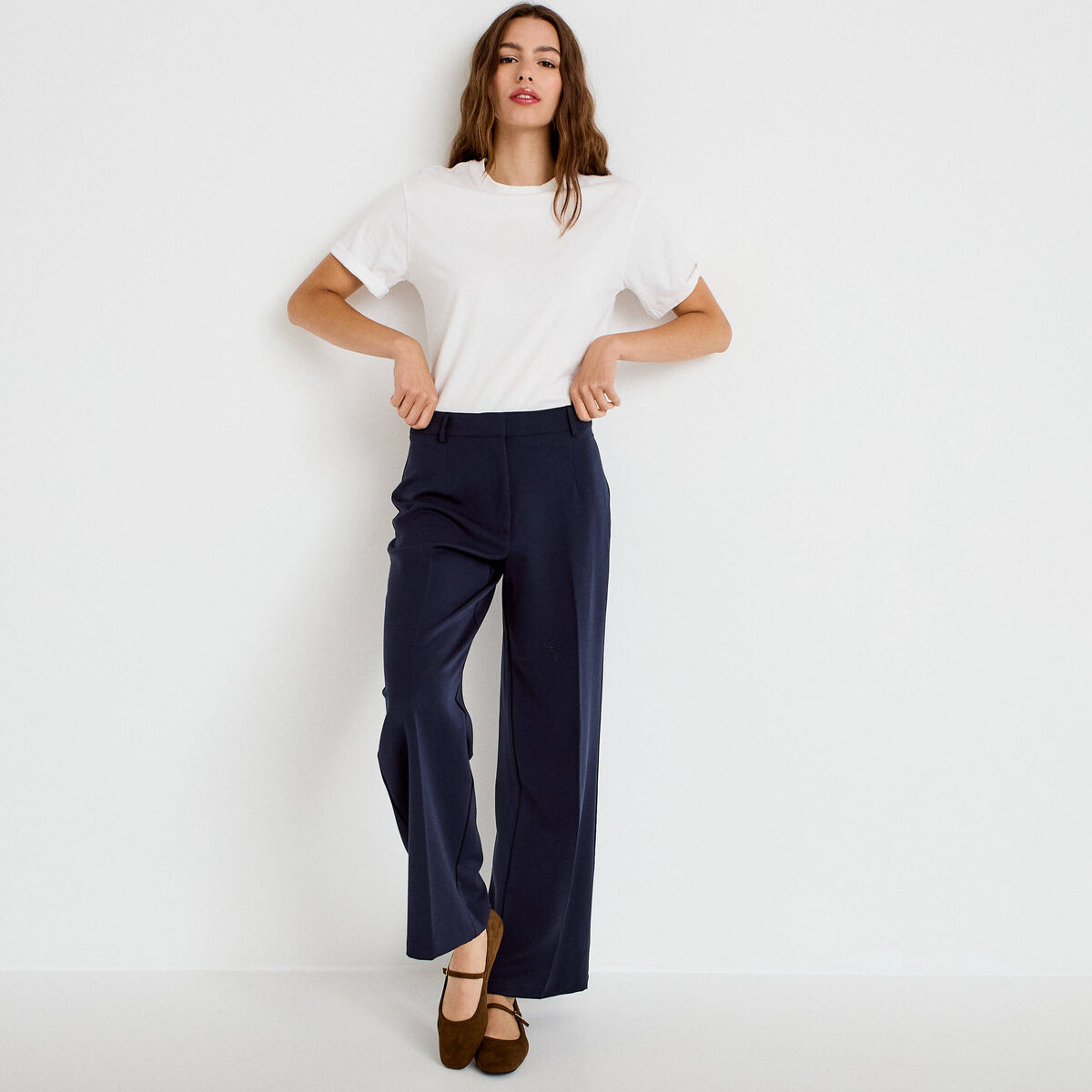Pantalon bootcut taille haute bleu marine femme