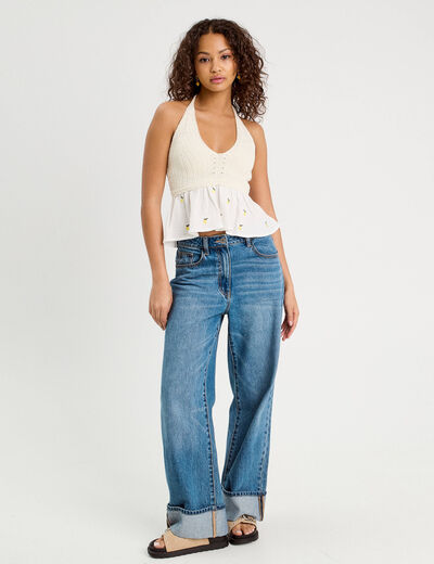 Débardeur tricot brodé ecru femme