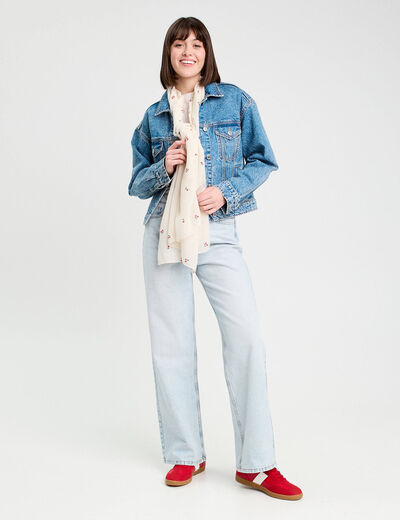 Jeans large 5 poches denim bleach femme