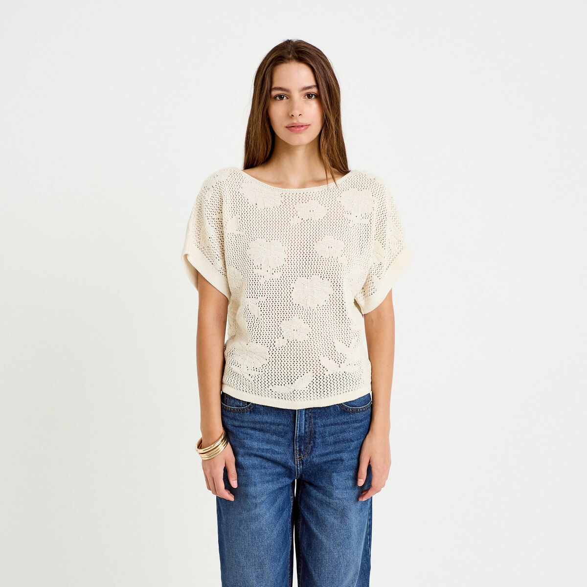 Pull ajour&eacute; col bateau manches courtes ecru femme