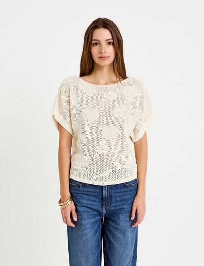 Pull ajour&eacute; col bateau manches courtes ecru femme