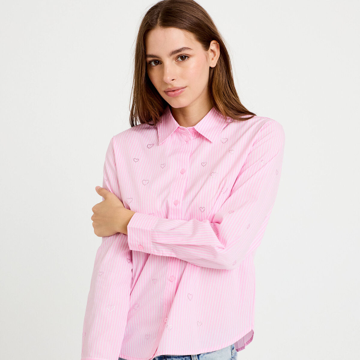 Chemise droite col am&eacute;ricain strass rose femme