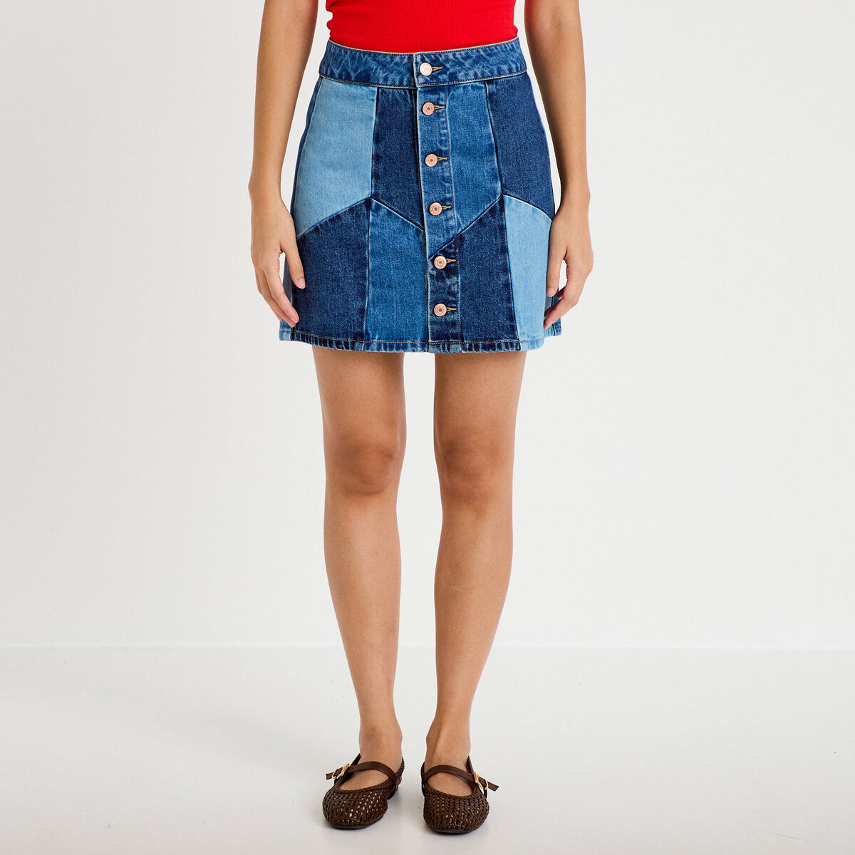 Jupe courte &eacute;vas&eacute;e taille haute en jean denim double stone femme