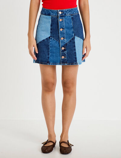 Jupe courte &eacute;vas&eacute;e taille haute en jean denim double stone femme