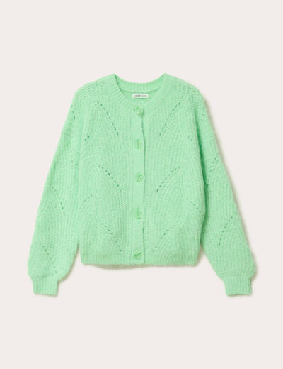 Gilet ajour&eacute; manches longues vert pastel femme