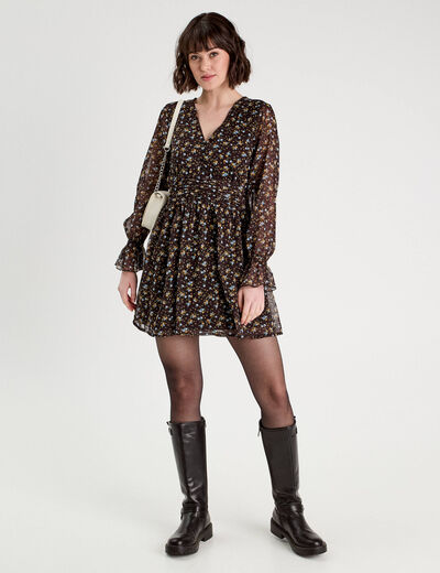 Robe évasée manches longues noir femme