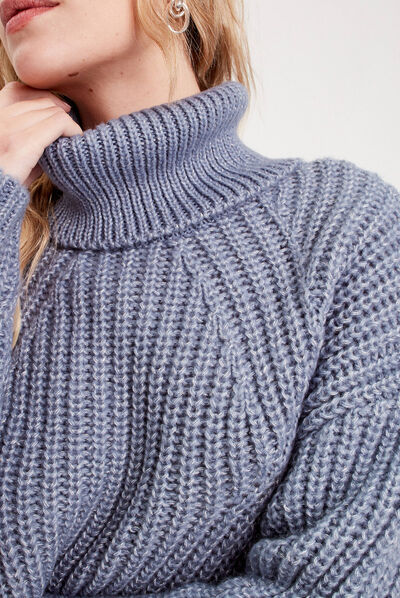Pull avec col roulé bleu gris femme