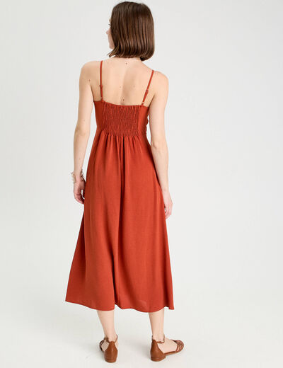 Robe longue évasée fendue orange foncé femme