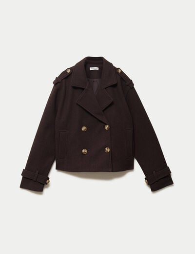 Trench court boutonn&eacute; marron fonc&eacute; femme