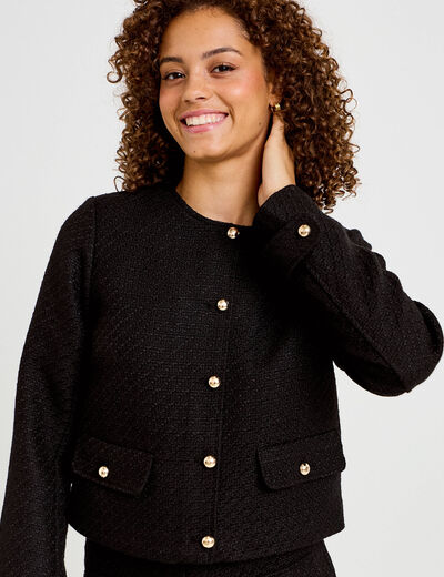 Veste tweed cintr&eacute;e cropped col mao noir femme
